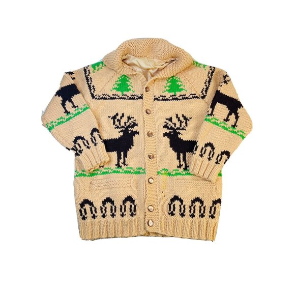 Vintage Cowichan Wool Moose Trees Cardigan Sweater Coat